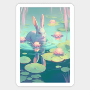 Water Rabbit Enjoying Lotus Pond Magnet